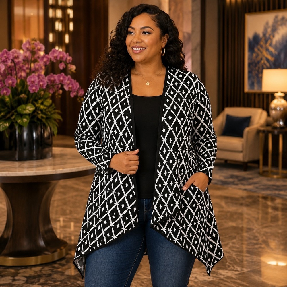 Belldini Women's XL Open Front Cardigan Sweater Geometric Modern Chic Artsy